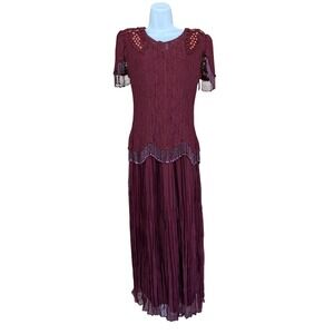 Speed Dress Womens Small Red Lace Beaded Maxi Puff Sleeve Vintage Formal Evening
